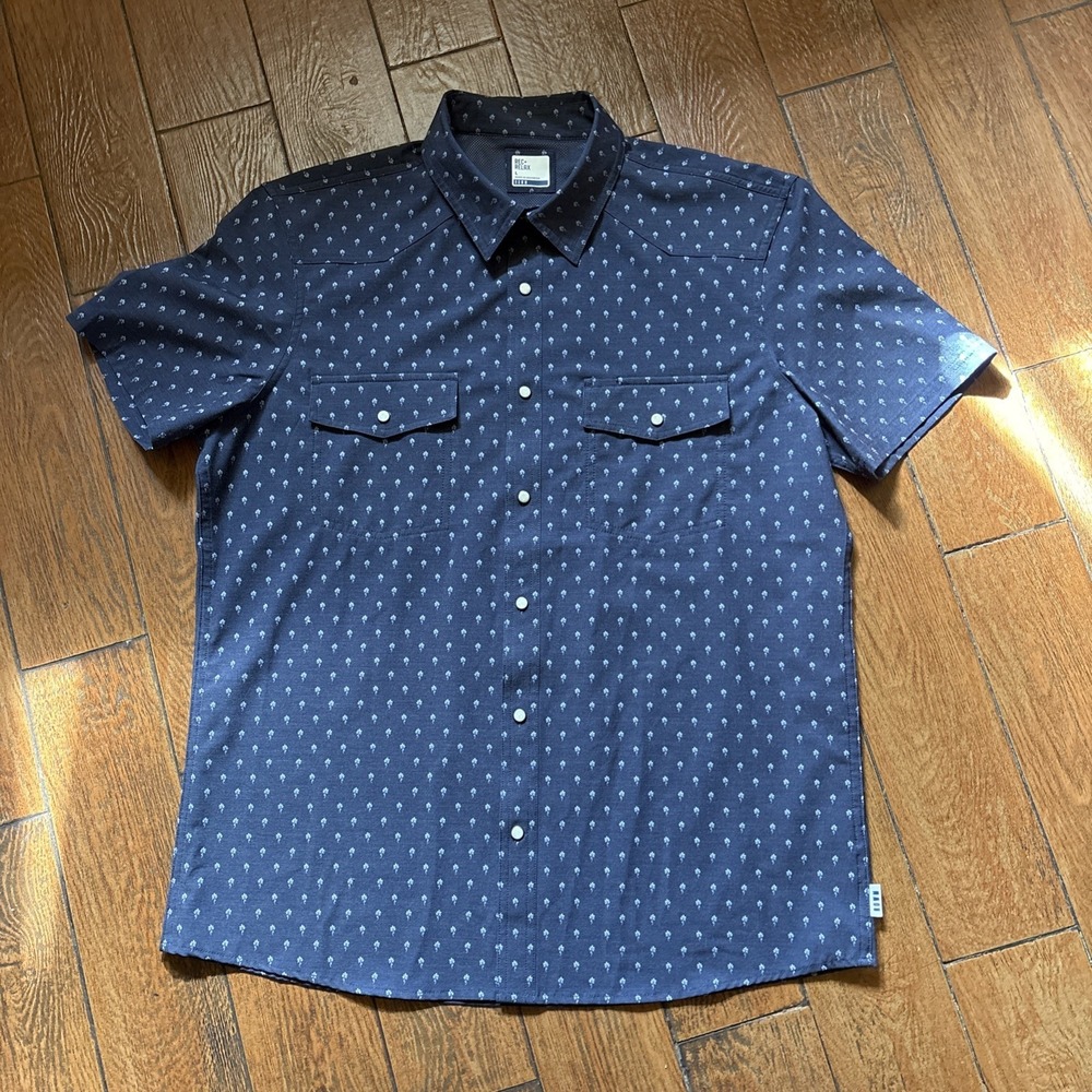 ROWM Palm Tree Print Button Up Short Sleeve Casual Shirt L Blue